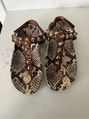 Pedro Garcia Brown Studded T-Strap Sandals with Snake-Print Footbed